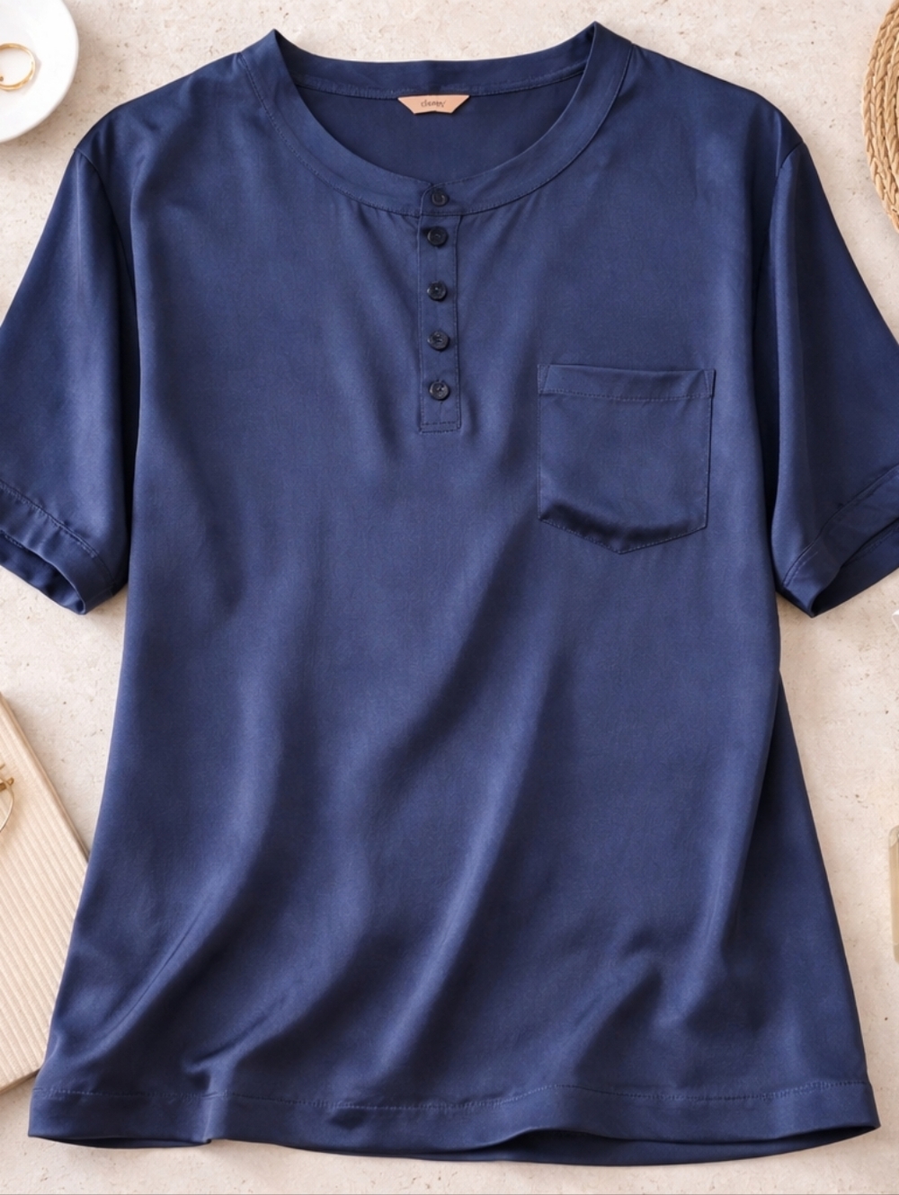 Eberjey Navy Silk Feel Henley Blouse Pocket Relaxed  Fit Approx M (No Size Tag)